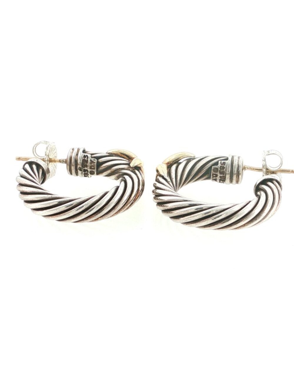 David Yurman 925 Silver and 14K Gold X Cable Hoop Earrrings - Picture 4 of 5